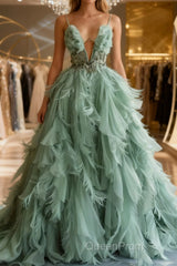 Mint Green A-line Spaghetti Strap Tulle Long Evening Prom Dresses, Elegant Evening Dresses