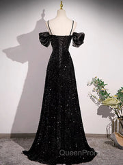 A-Line Off Shoulder Velvet Sequin Long Black Evening Prom Dresses, Black Long Evening Dresses