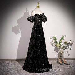 A-Line Off Shoulder Velvet Sequin Long Black Evening Prom Dresses, Black Long Evening Dresses