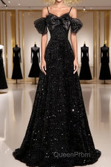 A-Line Off Shoulder Velvet Sequin Long Black Evening Prom Dresses, Black Long Evening Dresses