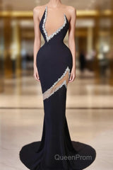 Mermaid V-neck Sleeveless Rhinestone Satin Tulle Evening Prom Dresses