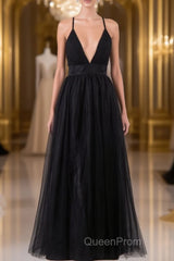 Elegant Tulle Spaghetti Straps Backless Floor Length Evening Prom Dresses