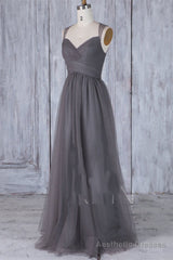 Elegant Grey Long Tulle Bridesmaid Dress with Keyhole Back