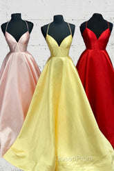 Elegant Yellow Satin Long Evening Prom Dresses with Cross Back