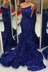 Strapless Royal Blue Sequins Mermaid Long Formal Dresses
