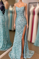 Sparkle Tiffany Blue Sequins Long Evening Prom Dresses with Slit