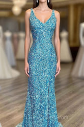 Glitter V-Neck Tiffany Blue Mermaid Evening Prom Dreess
