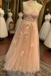 Sweetheart One Shoulder Pink Evening Prom Dresses with Flowers