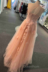Sweetheart One Shoulder Pink Evening Prom Dresses with Flowers