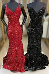 Mermaid Sequine Long Evening Prom Dresses with Double Straps