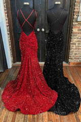 Mermaid Sequine Long Evening Prom Dresses with Double Straps
