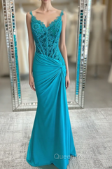 Jade Appliques Straps Twist Knot Mermaid Satin Long Evening Prom Dresses