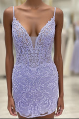 Plunging Neck Lavender Embroidery Bodycon Homecoming Dresses
