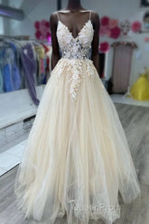 V-Neck Champagne Appliques Long Evening Prom Dresses with Straps