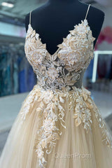 V-Neck Champagne Appliques Long Evening Prom Dresses with Straps