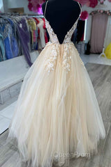 V-Neck Champagne Appliques Long Evening Prom Dresses with Straps