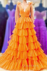 Bow Straps Orange V-Neck Ruffled Tulle Long Evening Prom Dresses with Slit