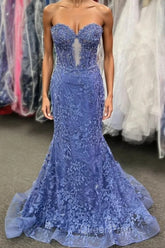 Sweetheart Periwinkle Keyhole Mermaid Evening Prom Dresses with Appliques