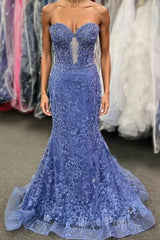 Sweetheart Periwinkle Keyhole Mermaid Evening Prom Dresses with Appliques