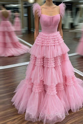 Cold Shoulder Pink Feathers A-Line Tiered Evening Prom Dresses