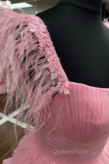 Cold Shoulder Pink Feathers A-Line Tiered Evening Prom Dresses