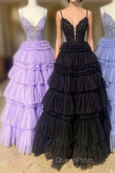 Plunging V-Neck Straps Appliques Layered Evening Prom Dresses
