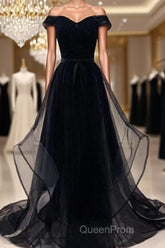 Flowy Tulle Off Shoulders Tulle Black Evening Prom Dresses