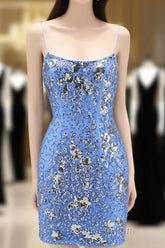 Glitter Blue Spaghetti Straps Beaded Sequins Short Tight Homecoming Dresses