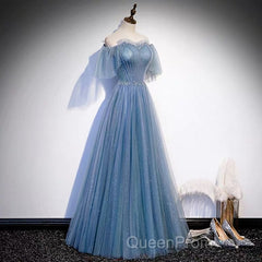 Glitter Fairytale Tulle Dusty Blue Evening Prom Dresses