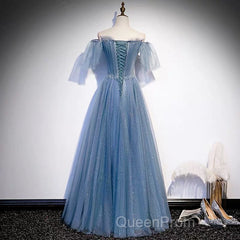 Glitter Fairytale Tulle Dusty Blue Evening Prom Dresses
