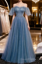 Glitter Fairytale Tulle Dusty Blue Evening Prom Dresses