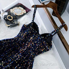 Glitter Navy Blue Sequin Short Evening Prom Dresses