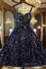 Glitter Navy Blue Sequin Short Evening Prom Dresses