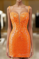 Glitter Orange Spaghetti Straps Orange Tight Sequined Homecoming Dresses