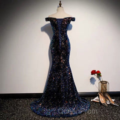 Glitter navy Sequins Off Shoulders Tight Fit Formal Evening Prom Dresses