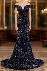 Glitter navy Sequins Off Shoulders Tight Fit Formal Evening Prom Dresses