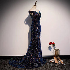 Glitter navy Sequins Off Shoulders Tight Fit Formal Evening Prom Dresses