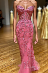 Coral Sweetheart Lace-Up Long Mermaid Evening Prom Dresses with Appliques