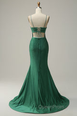 Mermaid Spaghettti Straps Dark Green Sequins Long Evening Prom Dresses with Split Front