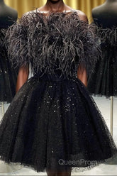 Black A-Line Strapless Homecoming Dresses with Feathers