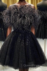 Black A-Line Strapless Homecoming Dresses with Feathers