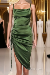 New Satin Green Evening Prom Dresses Spaghetti Strap Party Evening Dresses
