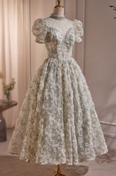 Gorgeous Short Sleeves Prom Dress with Beads and Floral Appliques