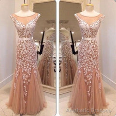 Dark Champagne Cap Sleeve Tulle Lace Prom Dress