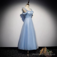Light Blue Tulle Ankle Length Prom Dress