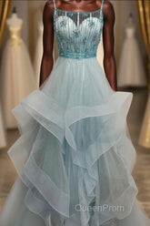 Light Green Spaghetti Straps Tulle Evening Prom Dresses with Beading Crystal