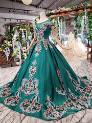 Luxury Green Round Neck Short Sleeves Evening Prom Dresses with Beading