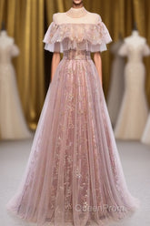 Elegant High Neck Vintage Long Lace Up Evening Prom Dresses Flowy Party Gowns