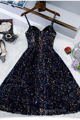 Glitter Spaghetti Straps Cute Short Evening Prom Dresses Tight Tea Length Homecoming Dresses