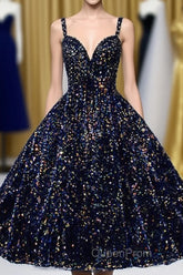 Glitter Spaghetti Straps Cute Short Evening Prom Dresses Tight Tea Length Homecoming Dresses